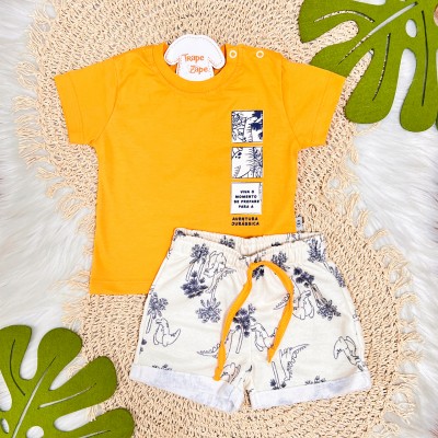 Conj. Camiseta Aventura Jurássica e Bermuda Dinos - Laranja e Areia